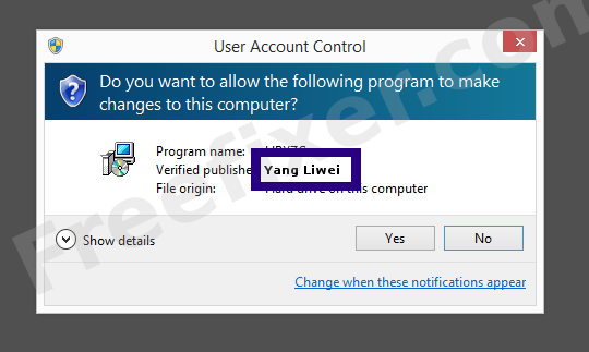 Screenshot where Yang Liwei appears as the verified publisher in the UAC dialog